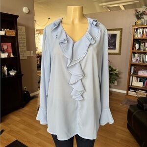 Elegant Light Blue Ruffle Blouse